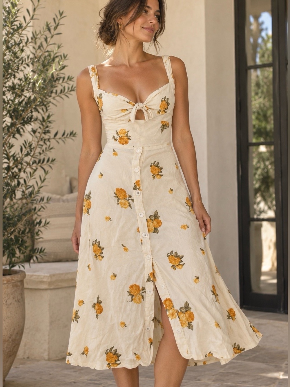 Reformation Cream Yellow Floral Tie Front Midi Dress Size 4